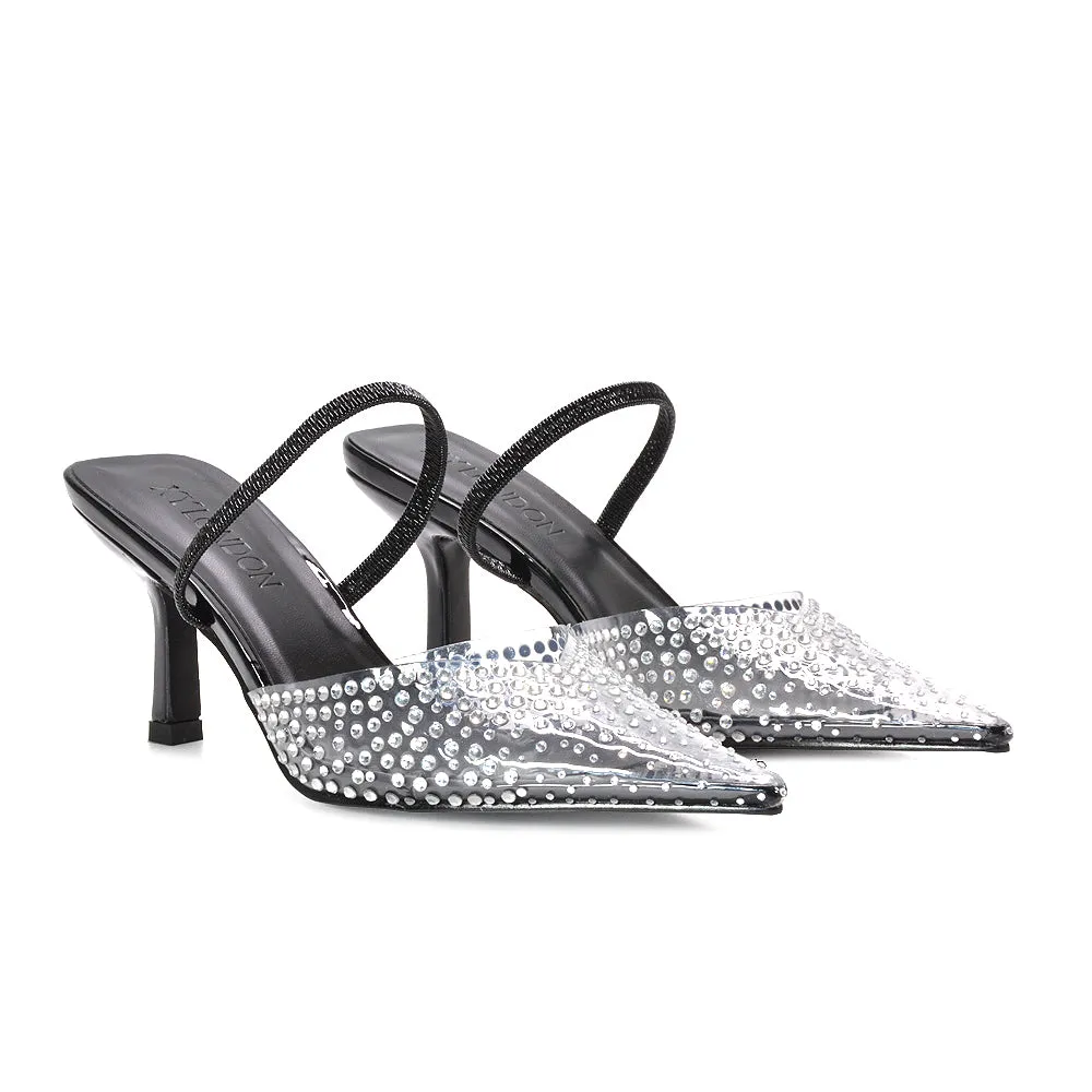 Nina Slingback Point Toe Stiletto High Heel Sparkly Party Shoes in Black Patent sold by XYlondon