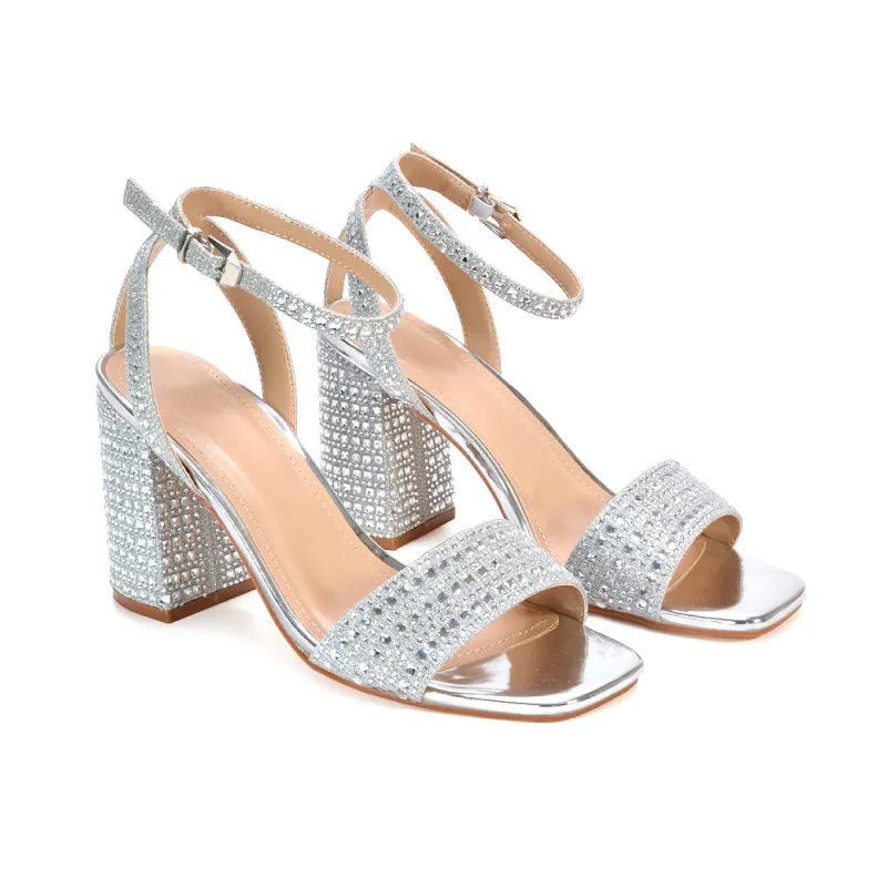 Zara Diamante Strappy Block High Heel Sparkly Party Shoes in Silver sold by XYlondon