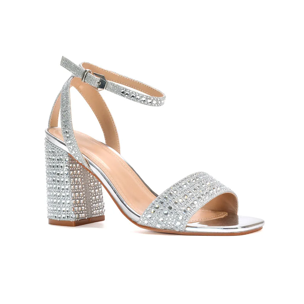 Zara Diamante Strappy Block High Heel Sparkly Party Shoes in Silver sold by XYlondon product image thumbnail 5
