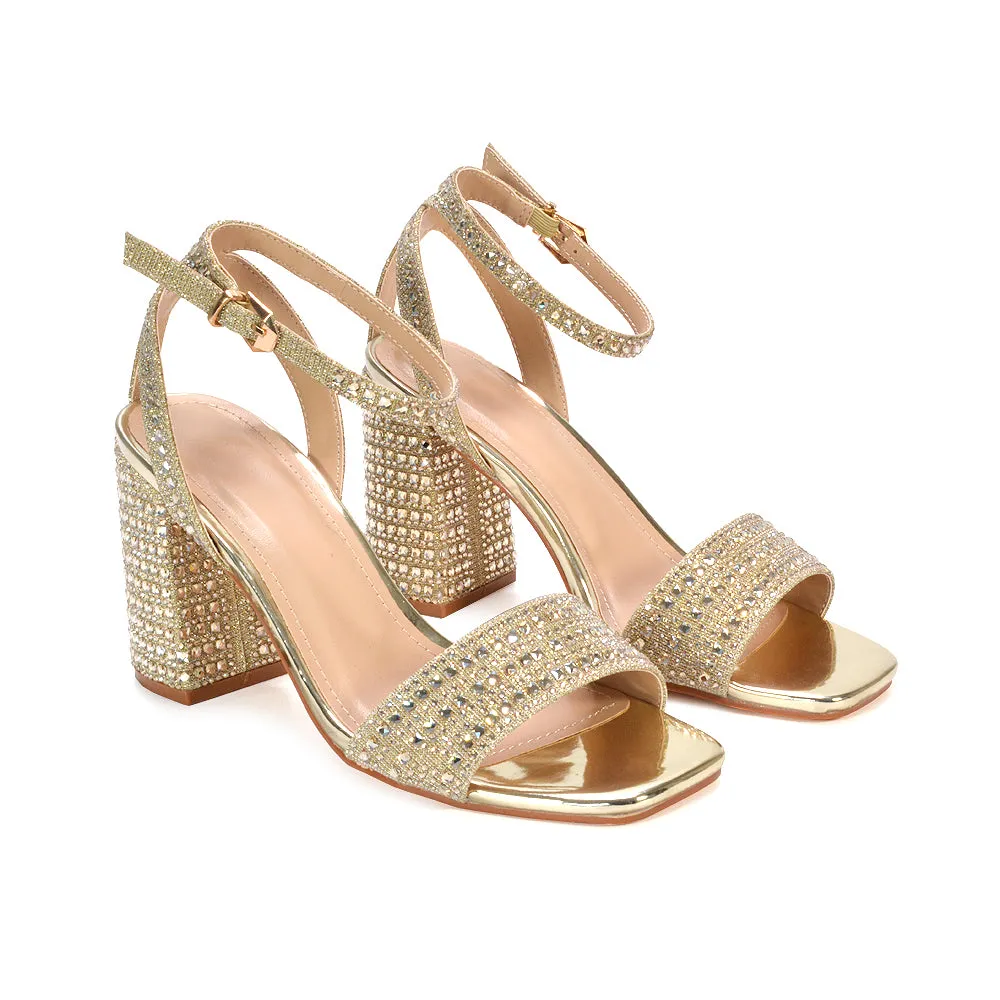 Zara Diamante Strappy Block High Heel Sparkly Party Shoes in Gold sold by XYlondon