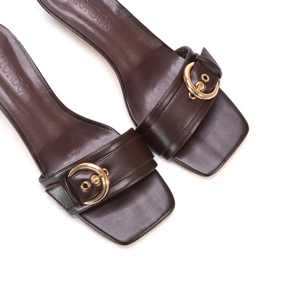 Addison Kitten Heel Mule Slip On Sandals With Buckle Detail in Brown Synthetic Leather sold by XYlondon product image thumbnail 4