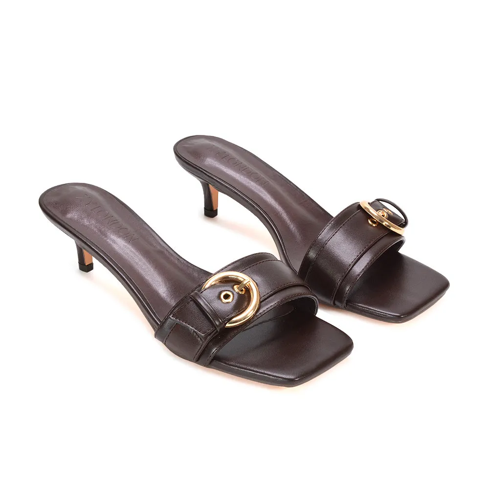 Addison Kitten Heel Mule Slip On Sandals With Buckle Detail in Brown Synthetic Leather sold by XYlondon