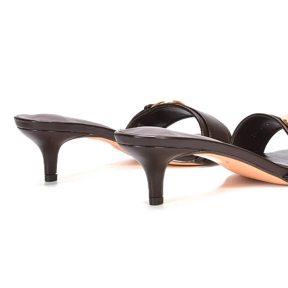 Addison Kitten Heel Mule Slip On Sandals With Buckle Detail in Brown Synthetic Leather sold by XYlondon product image thumbnail 2