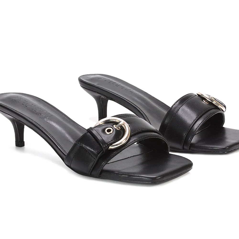 Addison Kitten Heel Mule Slip On Sandals With Buckle Detail in Black Synthetic Leather sold by XYlondon product image thumbnail 5
