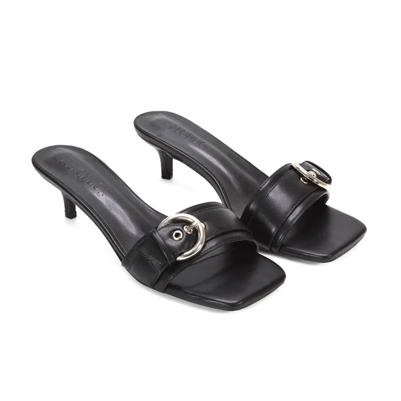 Addison Kitten Heel Mule Slip On Sandals With Buckle Detail in Black Synthetic Leather sold by XYlondon