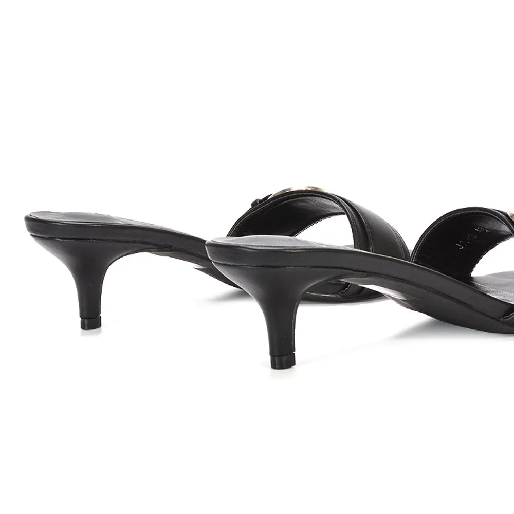 Addison Kitten Heel Mule Slip On Sandals With Buckle Detail in Black Synthetic Leather sold by XYlondon product image thumbnail 4