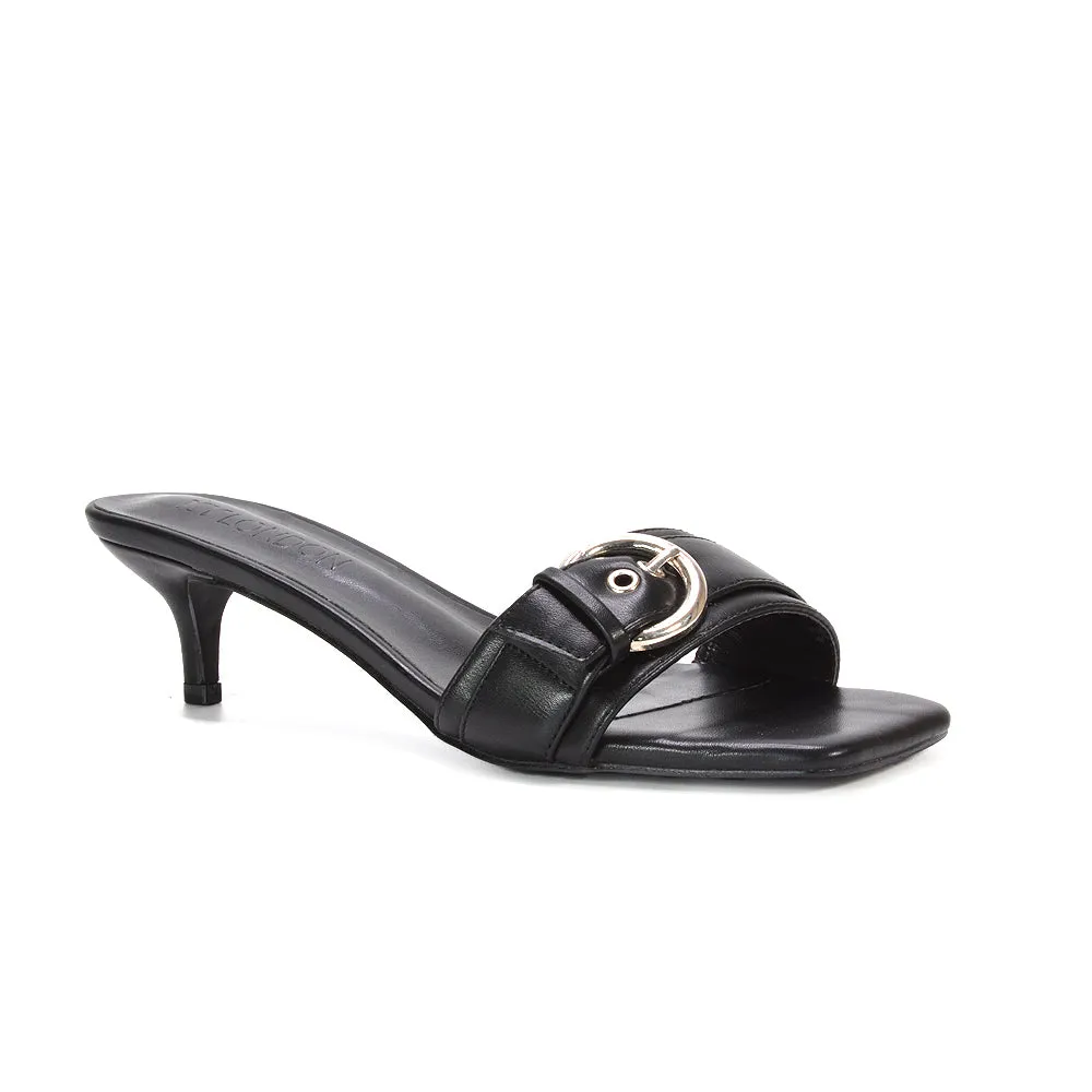 Addison Kitten Heel Mule Slip On Sandals With Buckle Detail in Black Synthetic Leather sold by XYlondon product image thumbnail 2