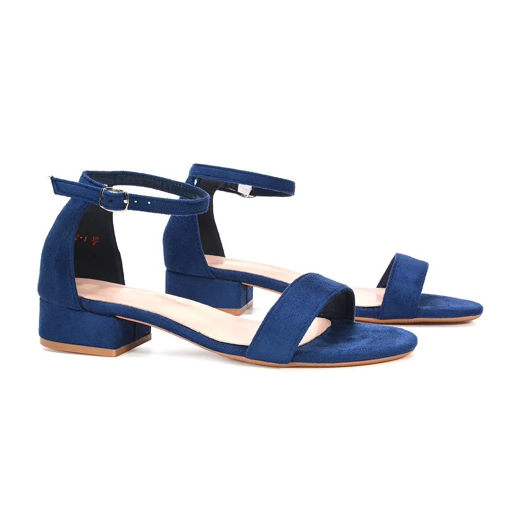 Tate Ankle Strap Low Block Heel Summer Sandals in Navy Faux Suede sold by XYlondon