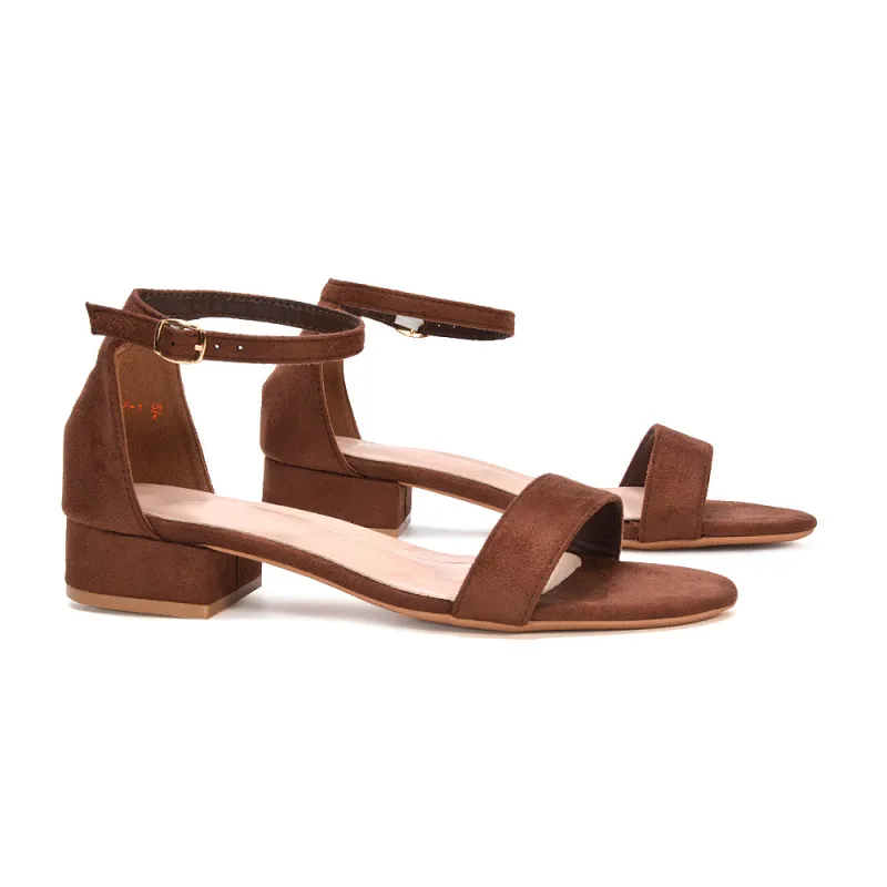 Tate Ankle Strap Low Block Heel Summer Sandals in Brown Faux Suede sold by XYlondon