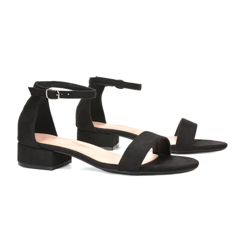 Tate Ankle Strap Low Block Heel Summer Sandals in Black Faux Suede sold by XYlondon