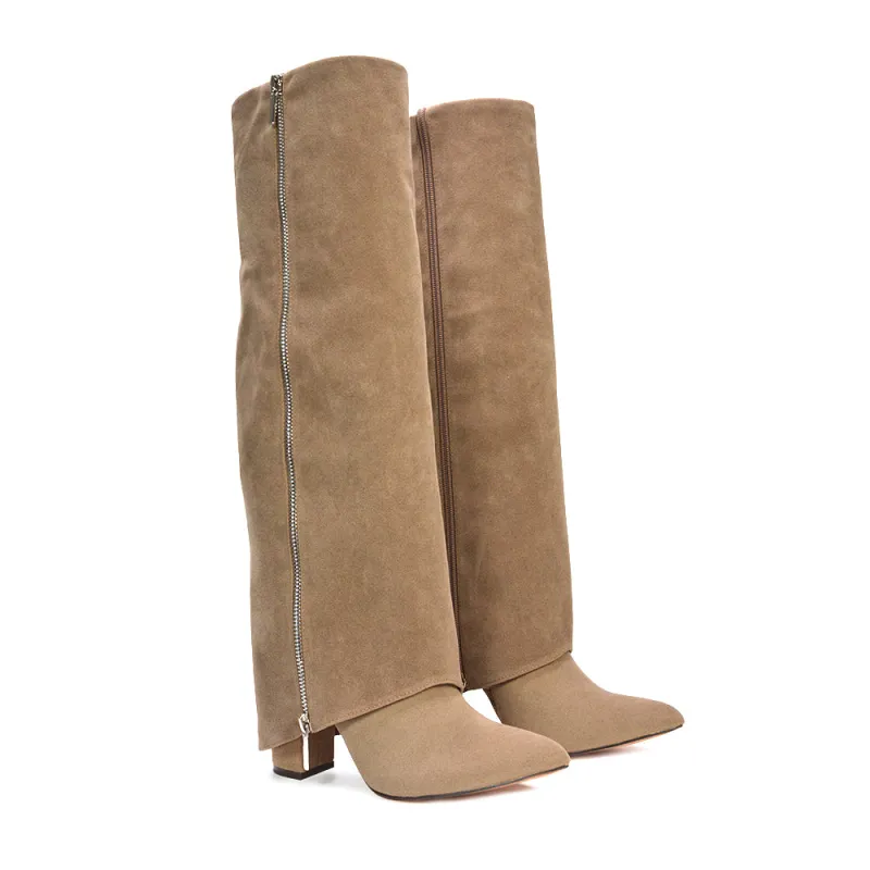 Anna Block High Heel Fold Over Knee High Boots in Taupe Faux Suede sold by XYlondon