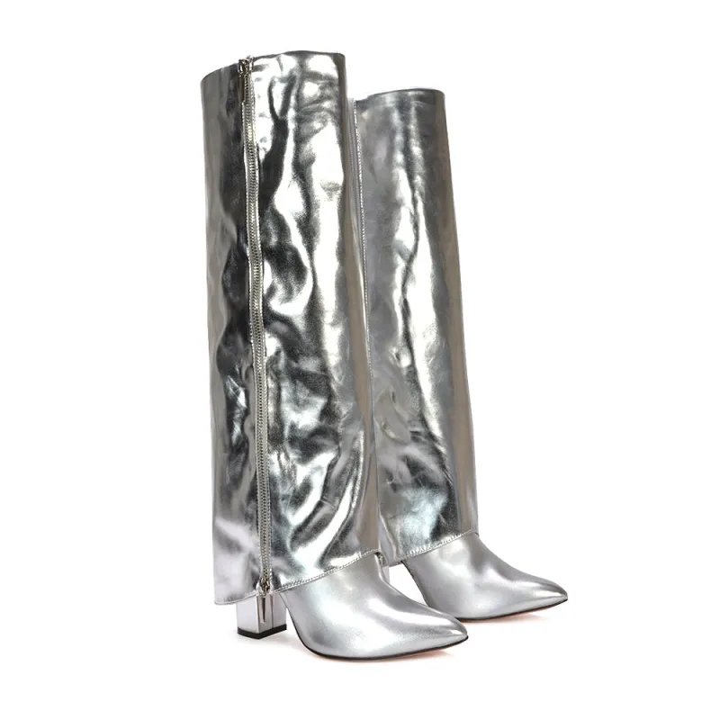 Anna Block High Heel Fold Over Knee High Boots in Silver Metallic sold by XYlondon