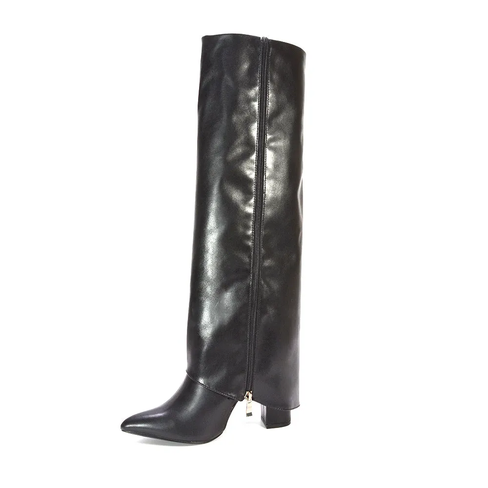 Anna Block High Heel Fold Over Knee High Boots in Black Synthetic Leather sold by XYlondon product image thumbnail 3