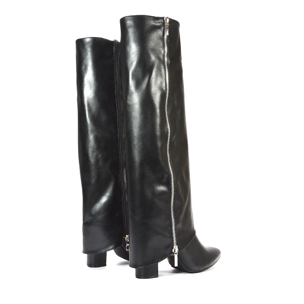 Anna Block High Heel Fold Over Knee High Boots in Black Synthetic Leather sold by XYlondon product image thumbnail 2