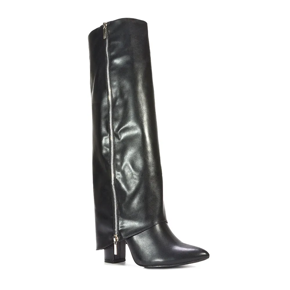 Anna Block High Heel Fold Over Knee High Boots in Black Synthetic Leather sold by XYlondon product image thumbnail 5