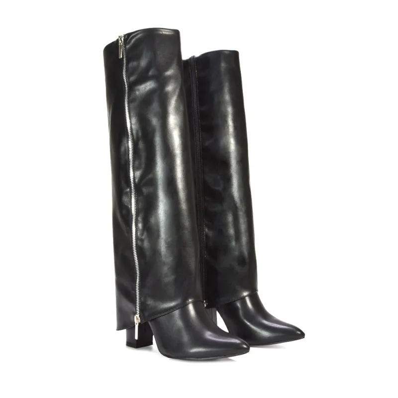 Anna Block High Heel Fold Over Knee High Boots in Black Synthetic Leather sold by XYlondon