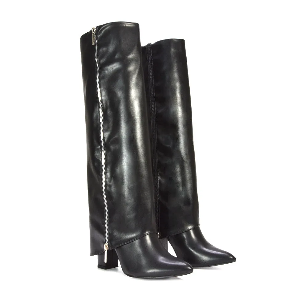 Anna Block High Heel Fold Over Knee High Boots in Black Synthetic Leather sold by XYlondon
