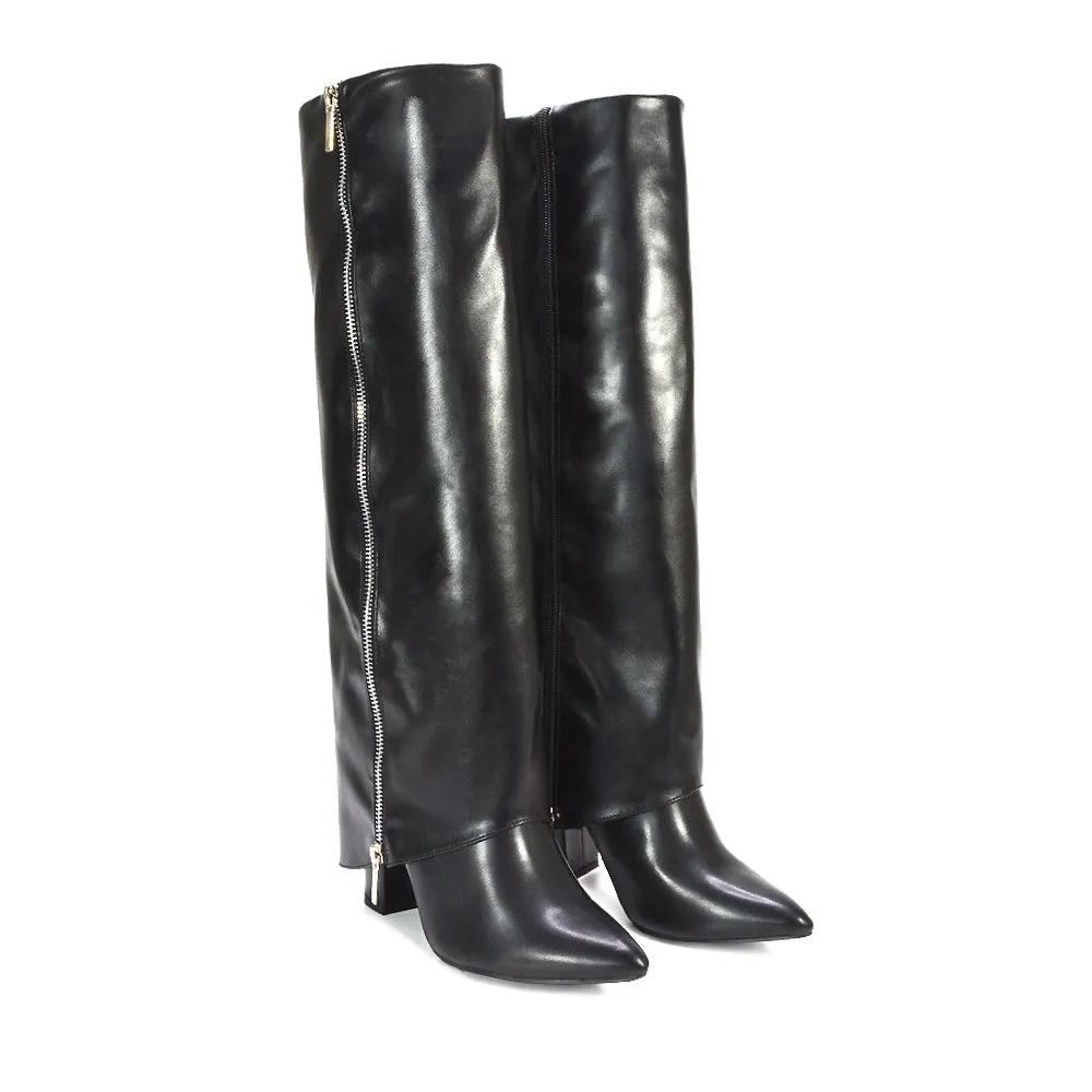 Anna Block High Heel Fold Over Knee High Boots in Black Synthetic Leather sold by XYlondon product image thumbnail 4