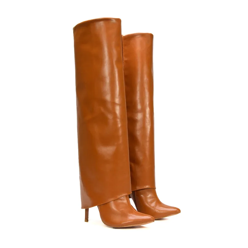 Cheryl Knee High Fold Over Boots With Stiletto High Heel in Tan Synthetic Leather sold by XYlondon