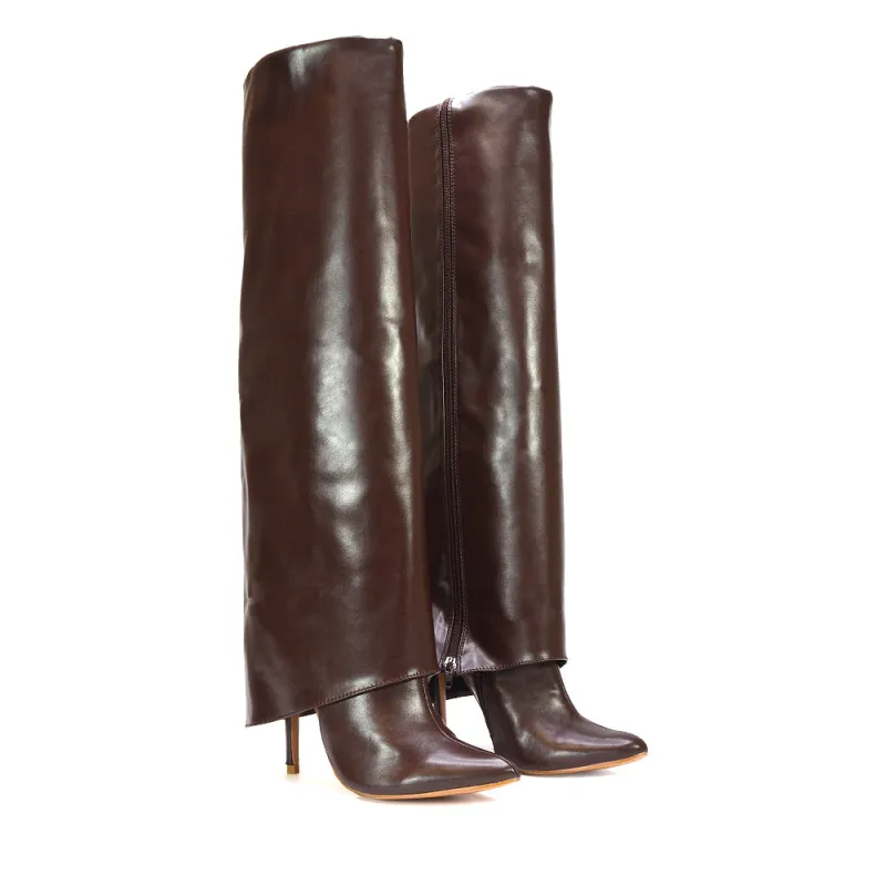Cheryl Knee High Fold Over Boots With Stiletto High Heel in Brown Synthetic Leather made by XYlondon