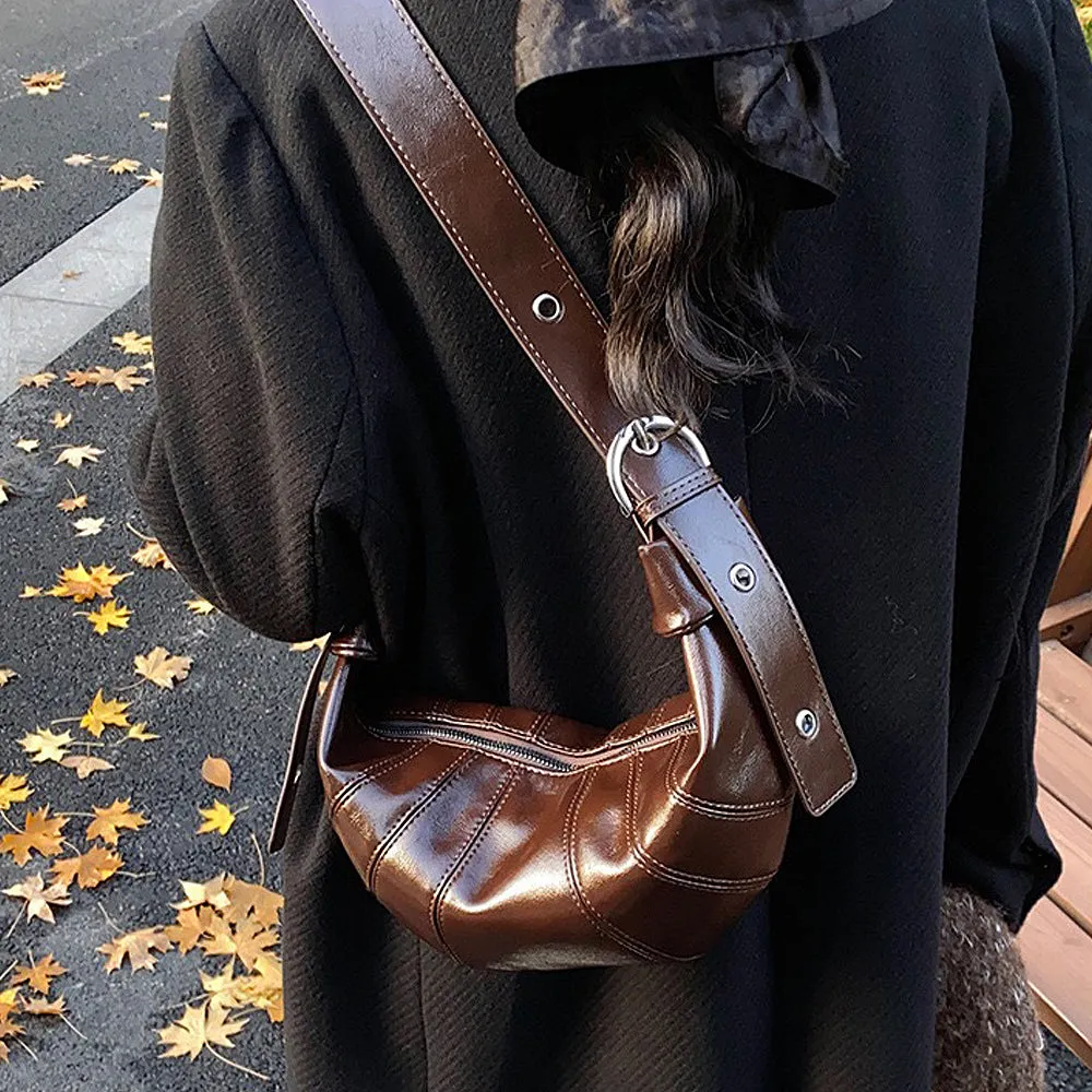 Terry Crossbody Buckle Detail Shoulder Strap Crescent Handbag With Zip in Brown sold by XYlondon