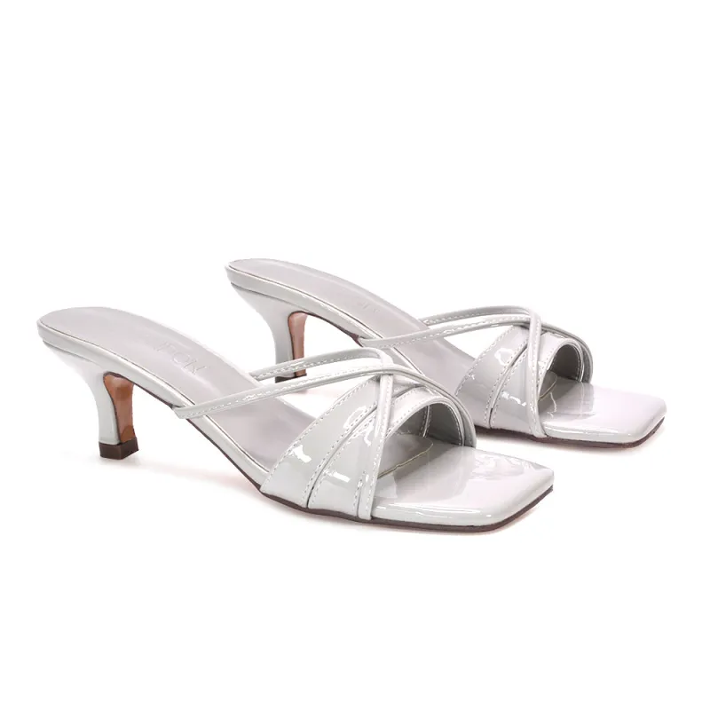 Claudia Mid Heeled Sandal Slip On Mules With Square Toe in Grey Metallic sold by XYlondon