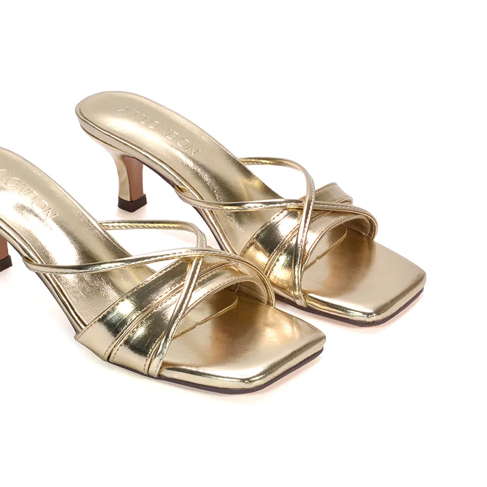 Claudia Mid Heeled Sandal Slip On Mules With Square Toe in Gold Metallic sold by XYlondon product image thumbnail 4