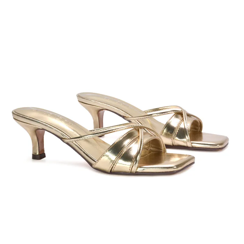 Claudia Mid Heeled Sandal Slip On Mules With Square Toe in Gold Metallic sold by XYlondon