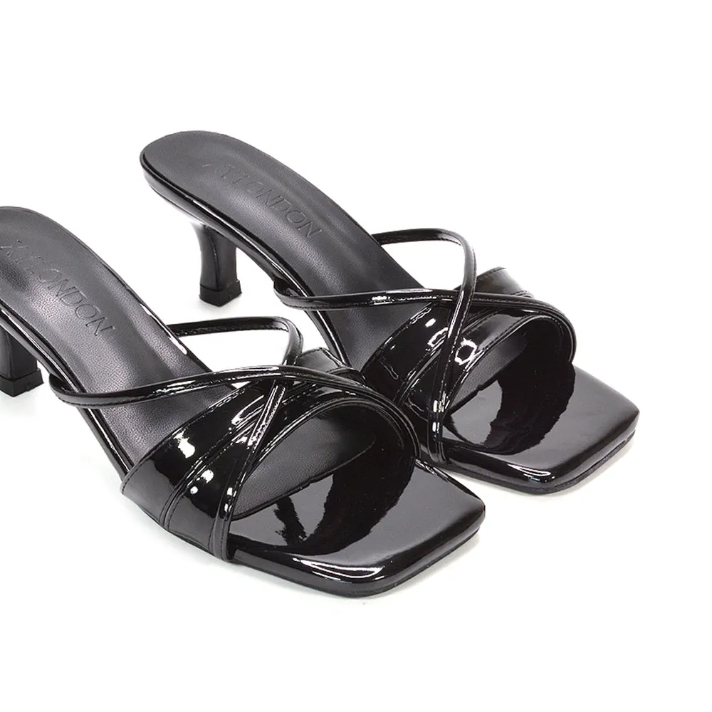 Claudia Mid Heeled Sandal Slip On Mules With Square Toe in Black Patent sold by XYlondon product image thumbnail 4