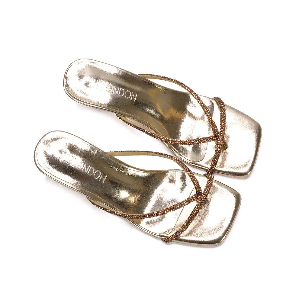 Melody Slip On Sparkly Diamante Mid Kitten Heel Sandal Mules in Gold sold by XYlondon product image thumbnail 2