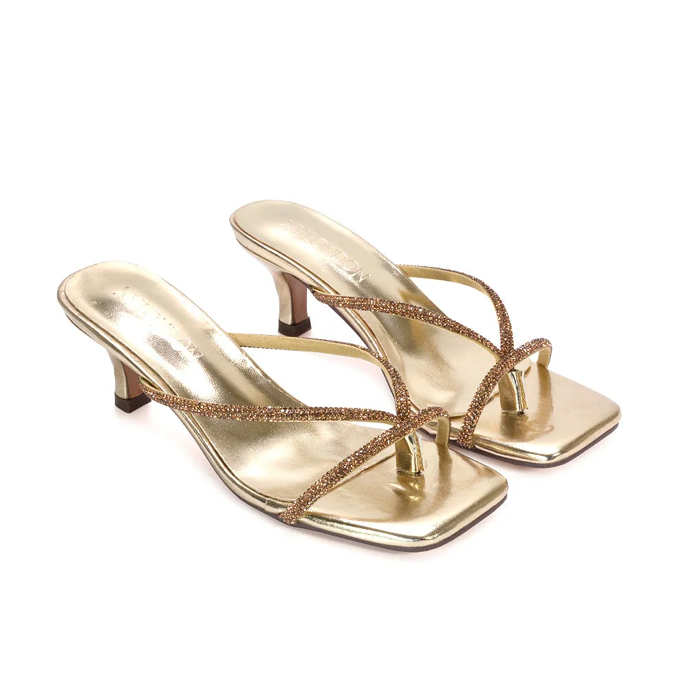 Melody Slip On Sparkly Diamante Mid Kitten Heel Sandal Mules in Gold sold by XYlondon
