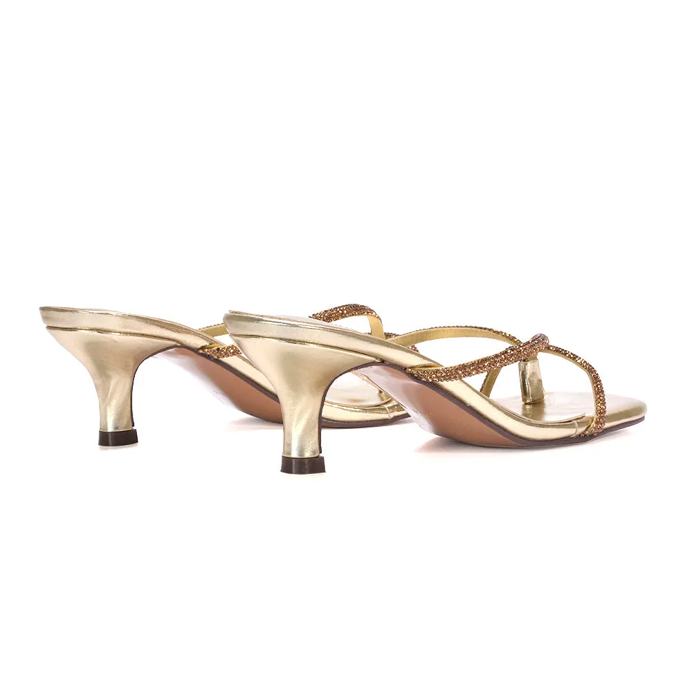 Melody Slip On Sparkly Diamante Mid Kitten Heel Sandal Mules in Gold sold by XYlondon product image thumbnail 3