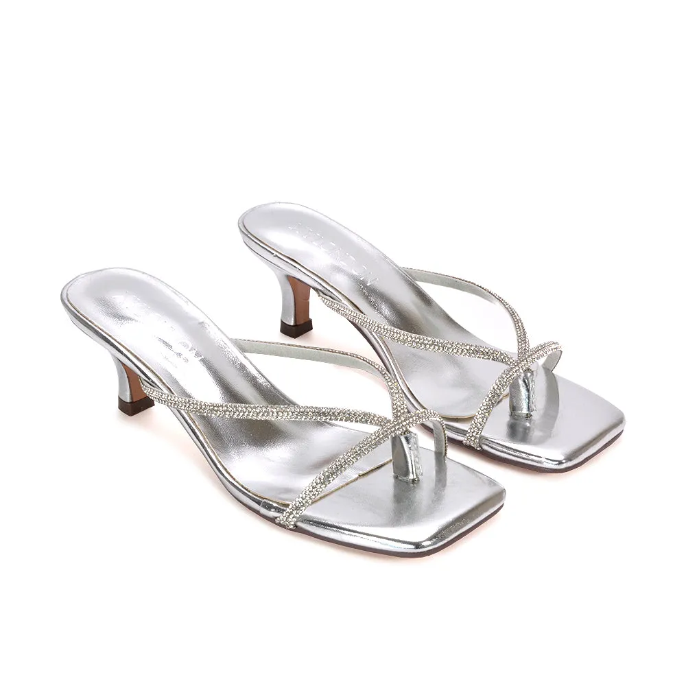 Melody Slip On Sparkly Diamante Mid Kitten Heel Sandal Mules in Silver sold by XYlondon