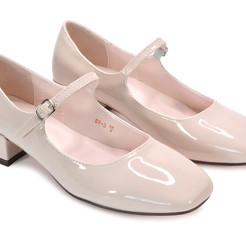 Hazel Low Block Heel Square Toe Buckle Strap Court Shoes in Nude Patent sold by XYlondon product image thumbnail 3