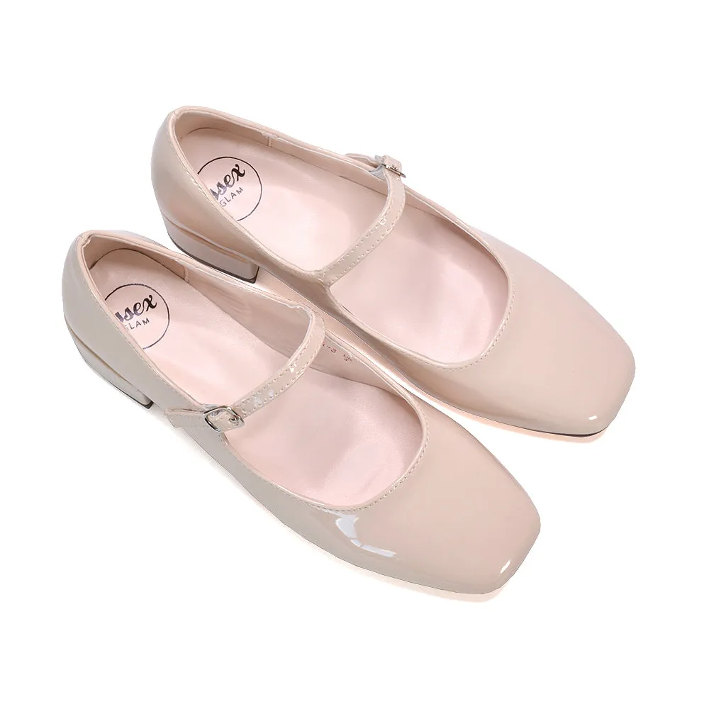 Hazel Low Block Heel Square Toe Buckle Strap Court Shoes in Nude Patent sold by XYlondon product image thumbnail 2