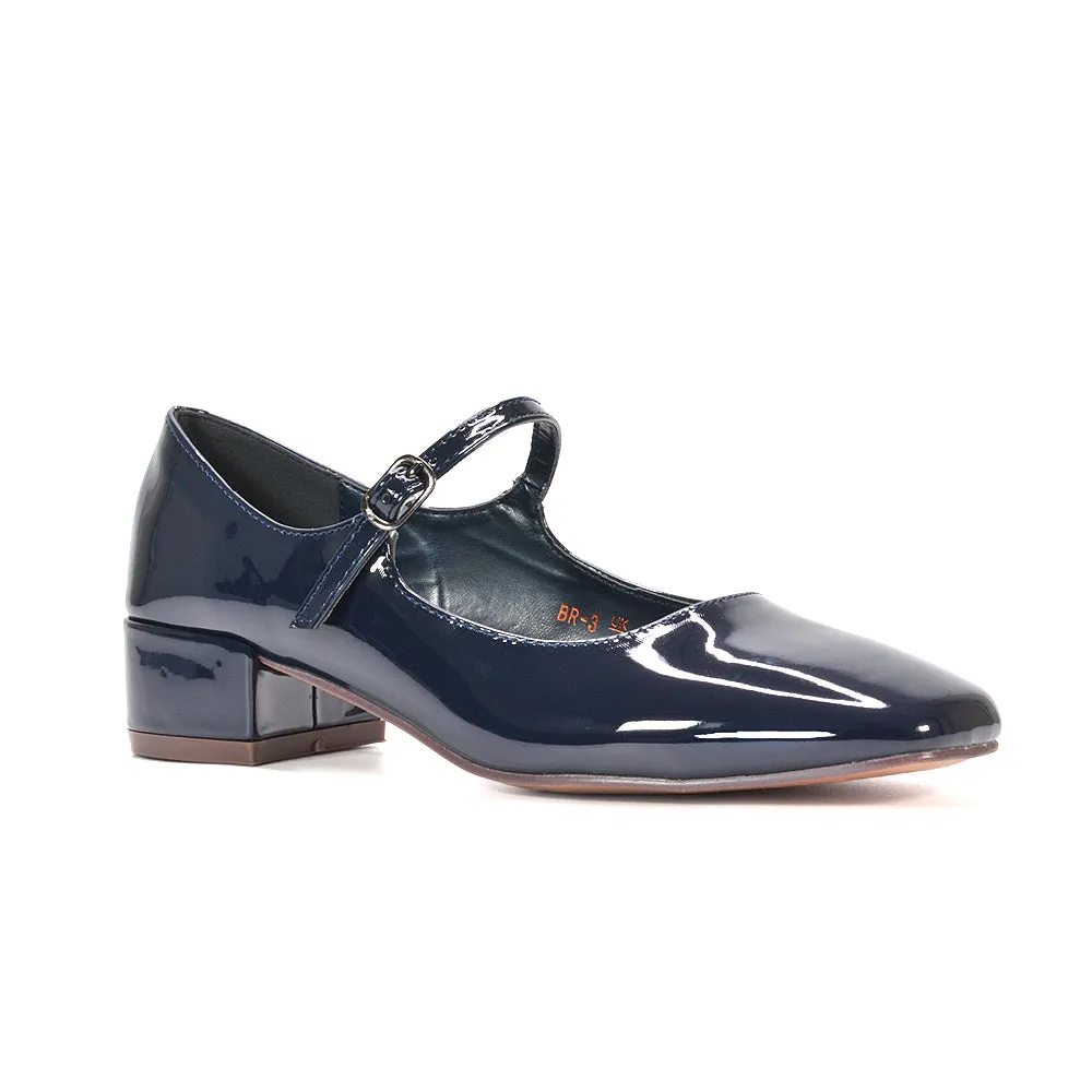 Hazel Low Block Heel Square Toe Buckle Strap Court Shoes in Navy Patent sold by XYlondon product image thumbnail 5