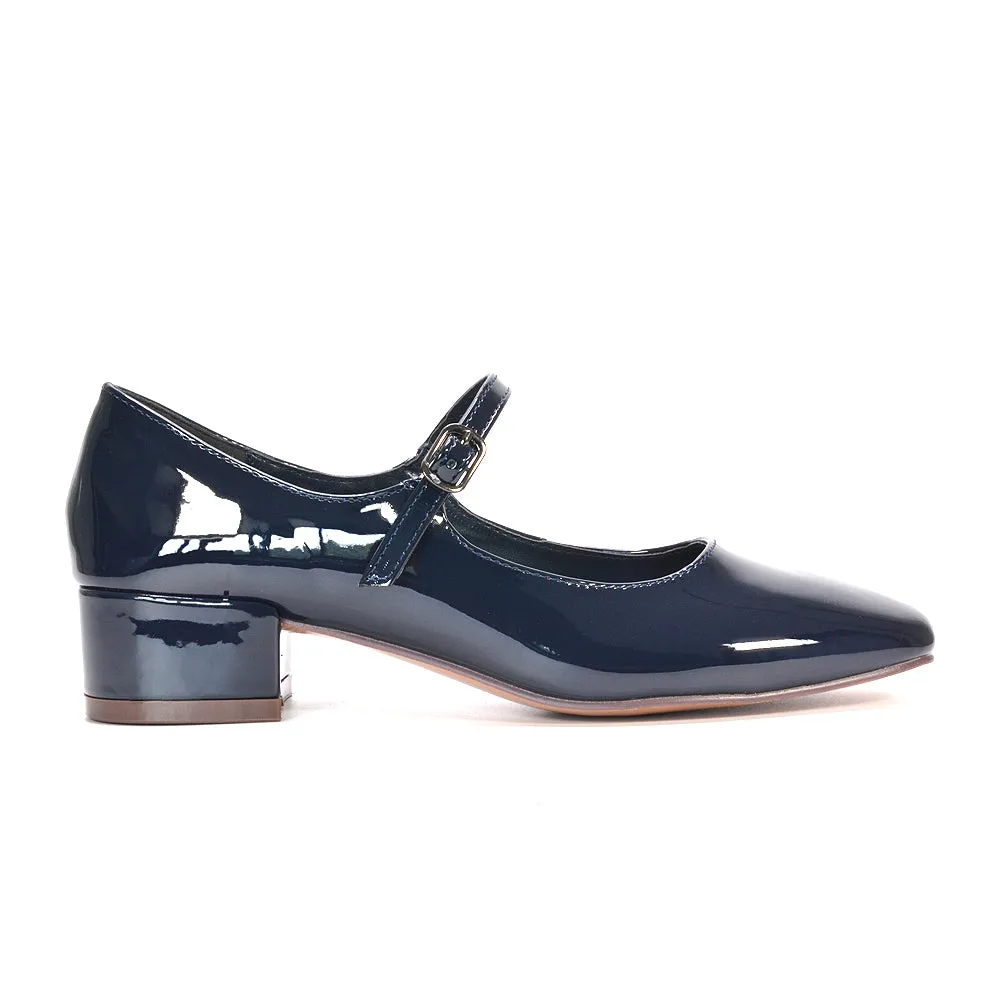 Hazel Low Block Heel Square Toe Buckle Strap Court Shoes in Navy Patent sold by XYlondon product image thumbnail 3