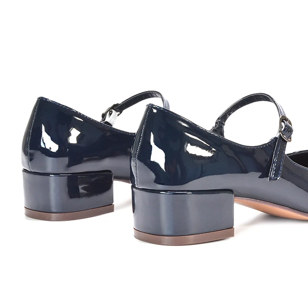 Hazel Low Block Heel Square Toe Buckle Strap Court Shoes in Navy Patent sold by XYlondon product image thumbnail 4