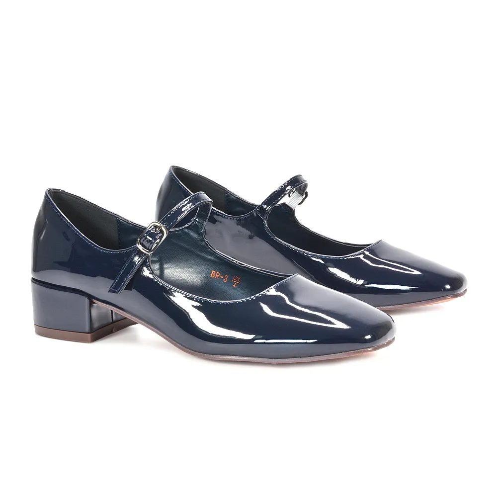 Hazel Low Block Heel Square Toe Buckle Strap Court Shoes in Navy Patent sold by XYlondon
