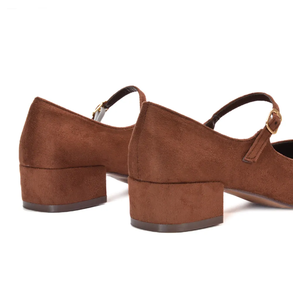 Hazel Low Block Heel Square Toe Buckle Strap Court Shoes in Brown Faux Suede sold by XYlondon product image thumbnail 4