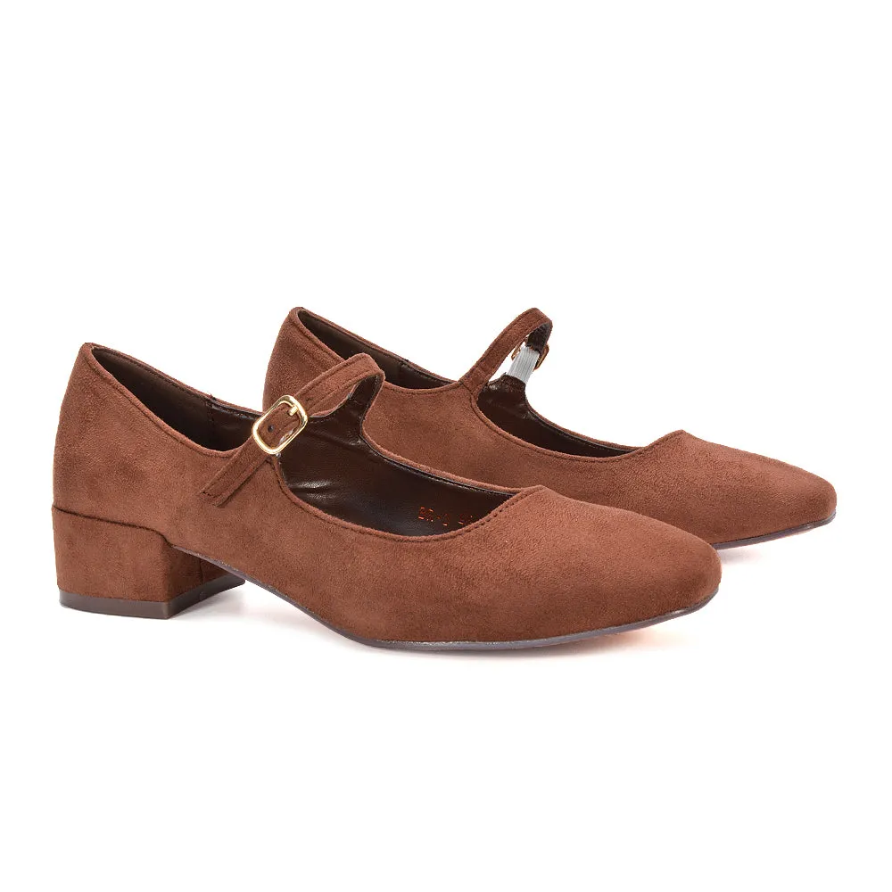 Hazel Low Block Heel Square Toe Buckle Strap Court Shoes in Brown Faux Suede sold by XYlondon