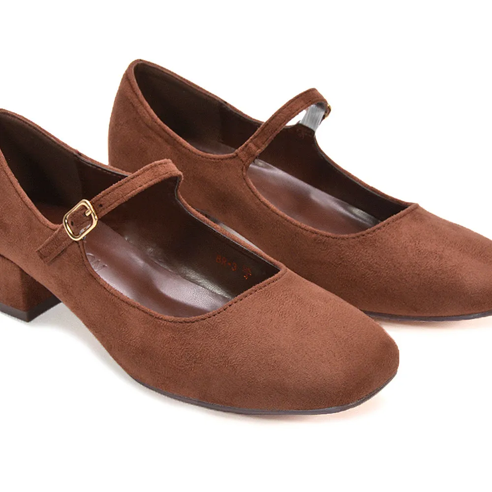 Hazel Low Block Heel Square Toe Buckle Strap Court Shoes in Brown Faux Suede sold by XYlondon product image thumbnail 3