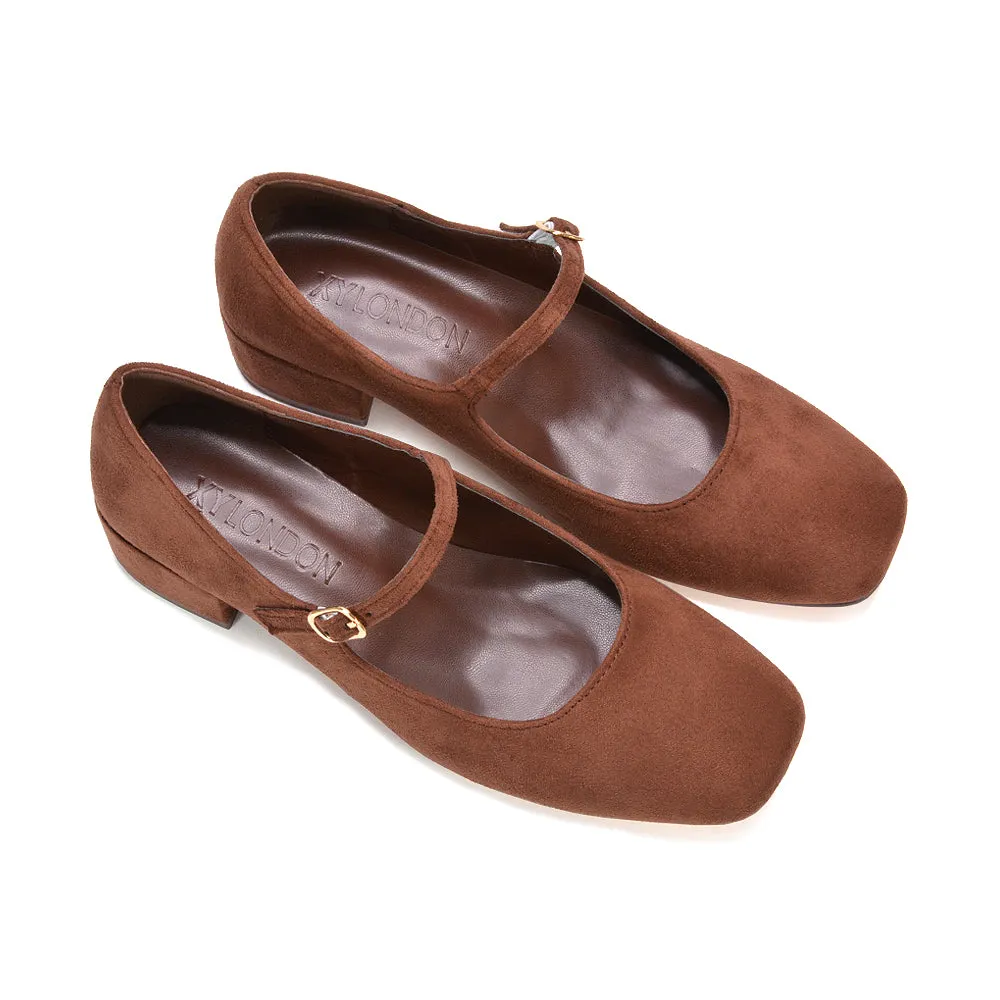Hazel Low Block Heel Square Toe Buckle Strap Court Shoes in Brown Faux Suede sold by XYlondon product image thumbnail 2