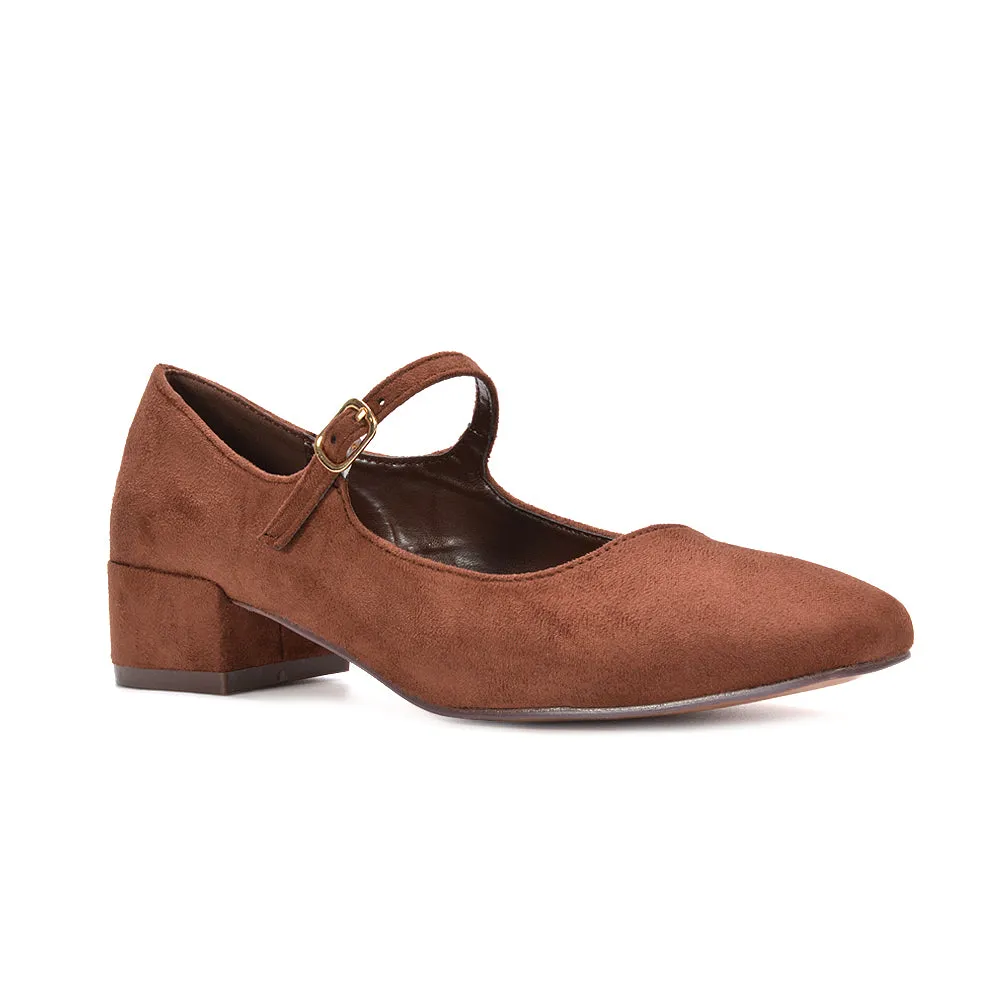 Hazel Low Block Heel Square Toe Buckle Strap Court Shoes in Brown Faux Suede sold by XYlondon product image thumbnail 5