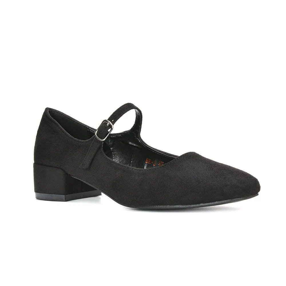 Hazel Low Block Heel Square Toe Buckle Strap Court Shoes in Black Faux Suede sold by XYlondon product image thumbnail 5