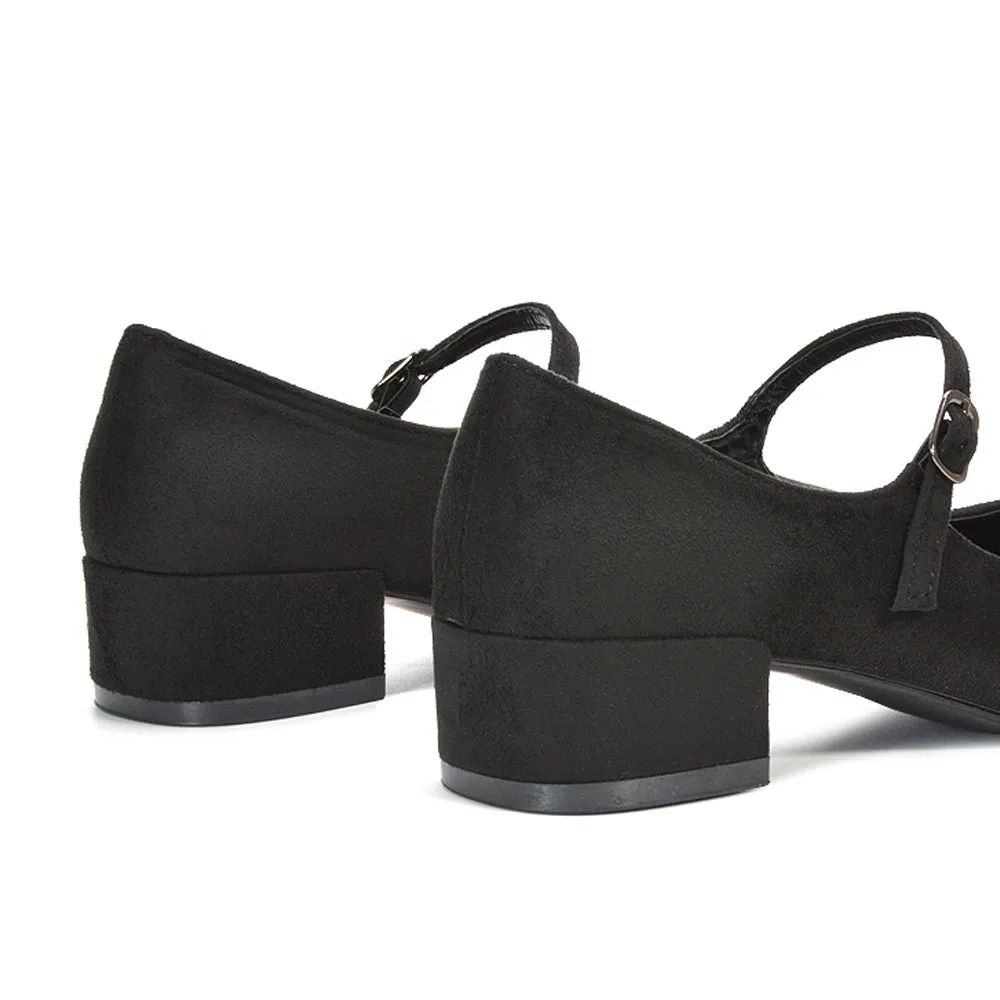 Hazel Low Block Heel Square Toe Buckle Strap Court Shoes in Black Faux Suede sold by XYlondon product image thumbnail 4