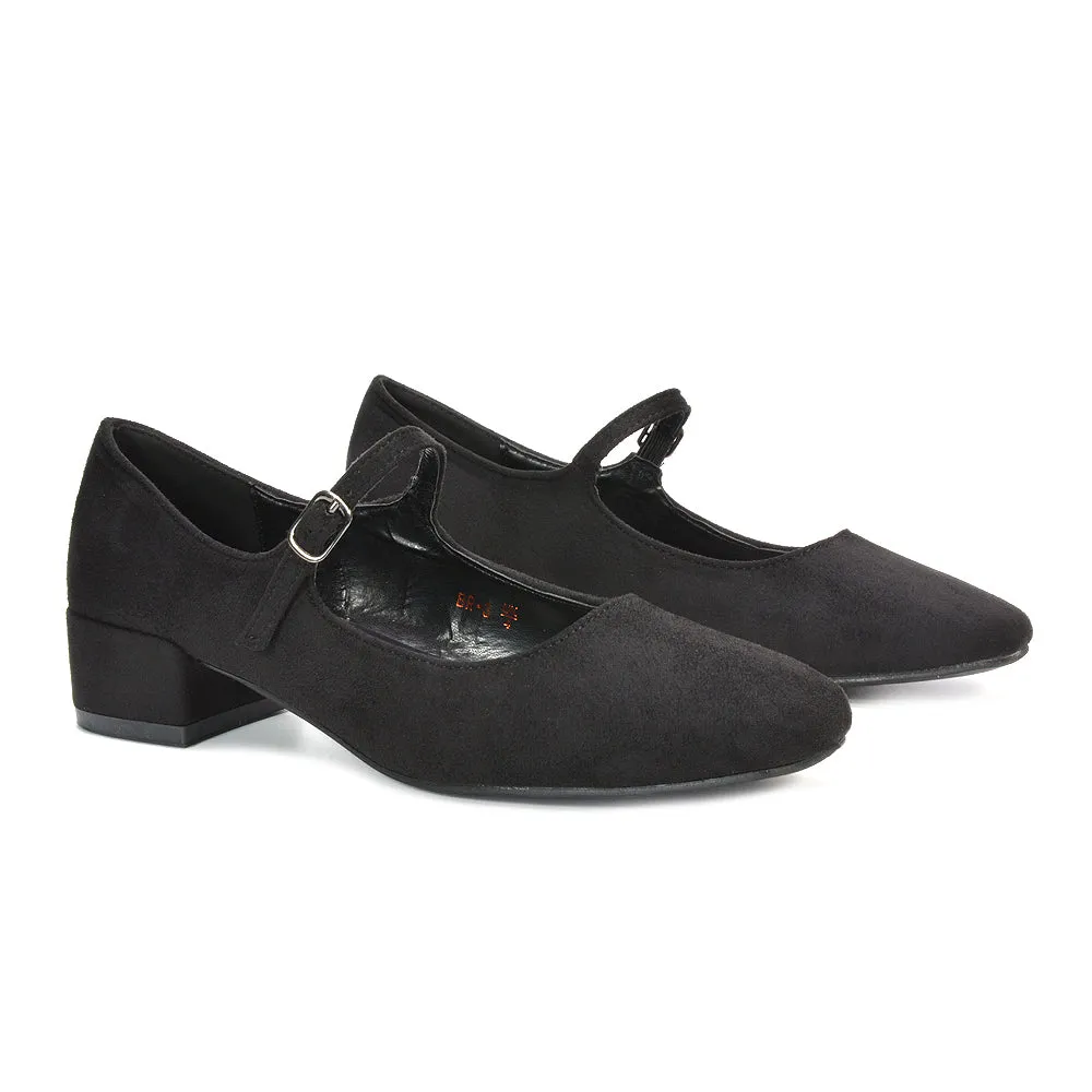 Hazel Low Block Heel Square Toe Buckle Strap Court Shoes in Black Faux Suede sold by XYlondon