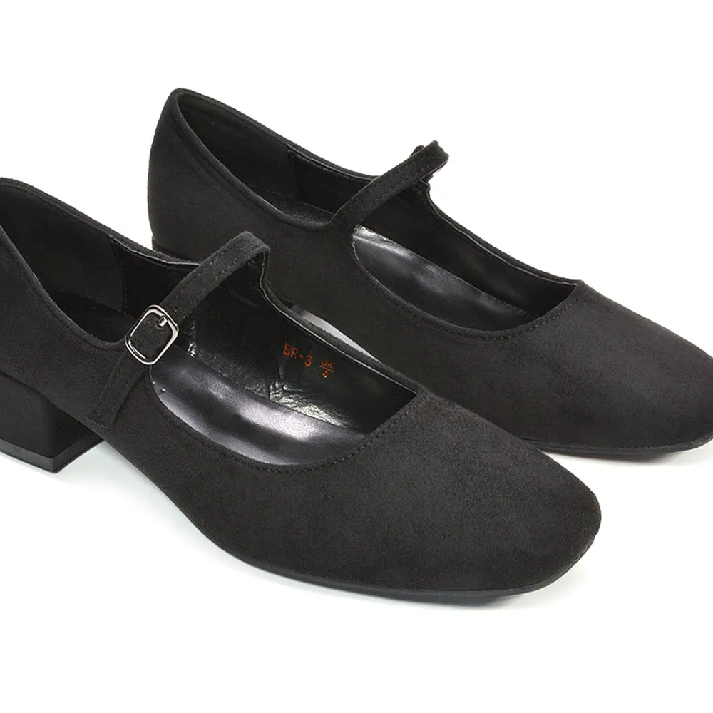 Hazel Low Block Heel Square Toe Buckle Strap Court Shoes in Black Faux Suede sold by XYlondon product image thumbnail 3