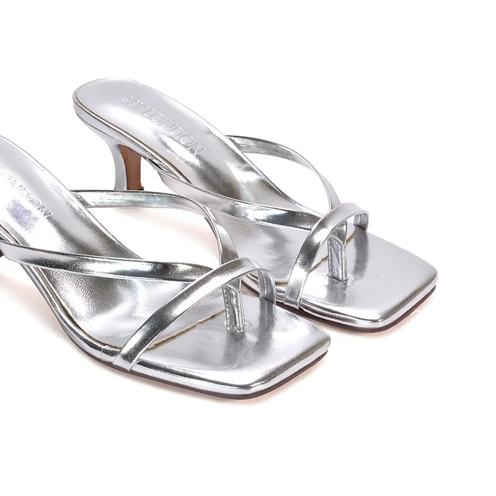 Tiana Slip On Mid Kitten Heel Mules Square Toe Heeled Sandals in Silver Metallic sold by XYlondon product image thumbnail 4