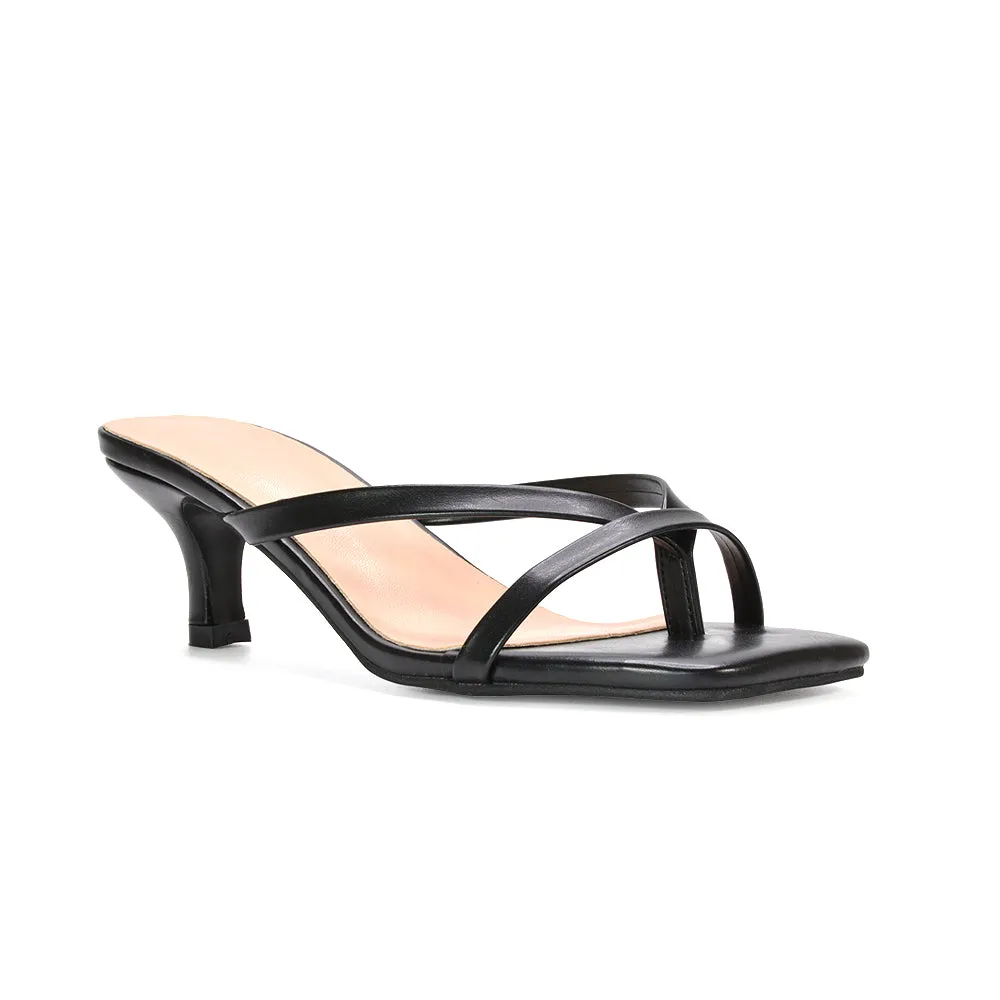 Tiana Slip On Mid Kitten Heel Mules Square Toe Heeled Sandals in Black Synthetic Leather sold by XYlondon product image thumbnail 5